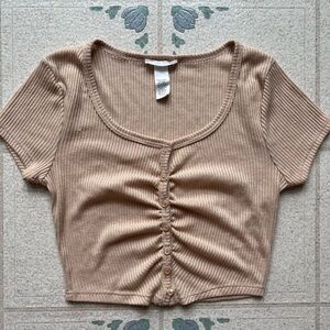 Full Tilt Ribbed Button-Front Beige Crop Top